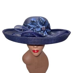 Navy Wide Brim Church Derby Easter Wedding Sequined Floral Hat Vintage